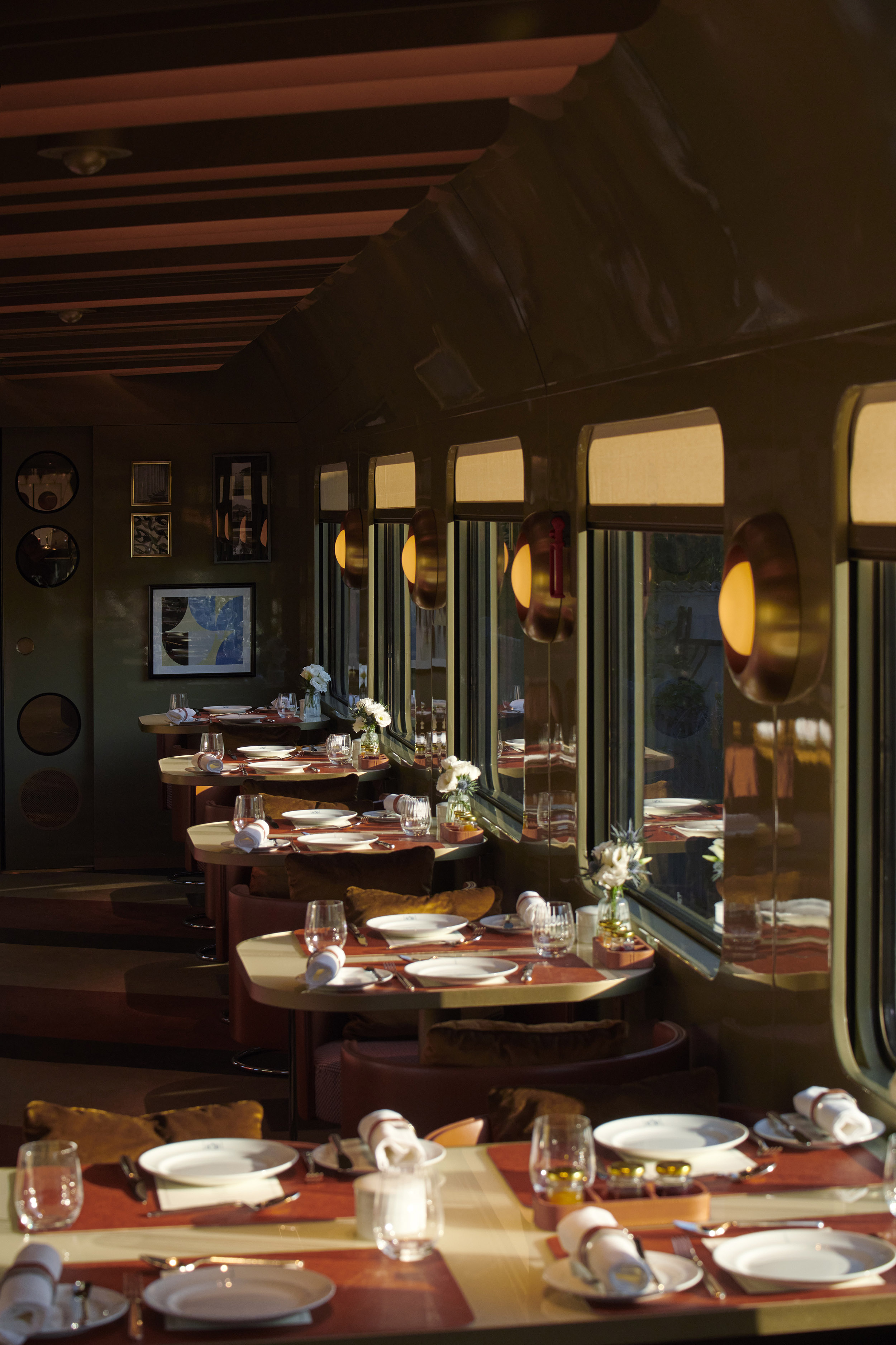 The dining car, ready for service. 